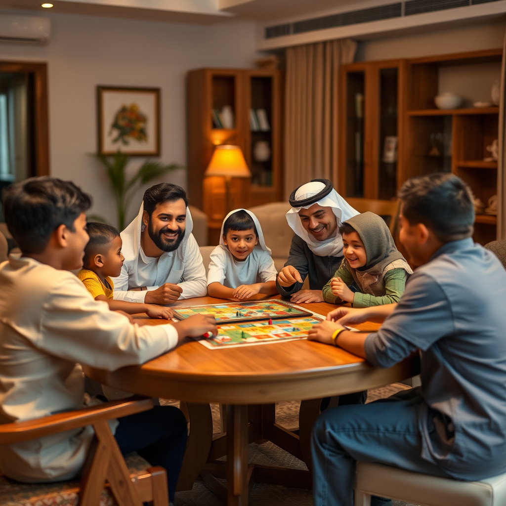 عائلة إماراتية تجلس حول طاولة في غرفة معيشة دافئة ومريحة، يلعبون ألعاب الطاولة معاً، الأطفال والآباء يضحكون ويستمتعون، الإضاءة دافئة والجو عائلي