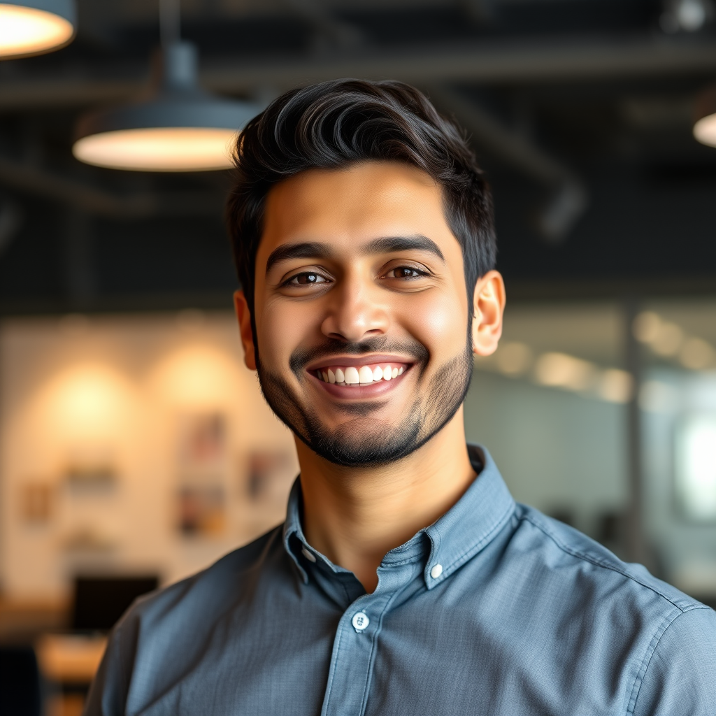 أحمد المؤسس - رجل في الثلاثينات يبتسم بثقة، يرتدي قميصاً أنيقاً، خلفية مكتبية احترافية