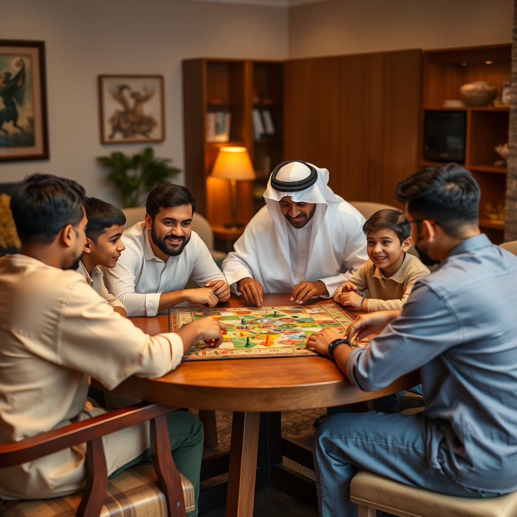 عائلة إماراتية تجلس حول طاولة تلعب ألعاب الطاولة في غرفة معيشة مريحة مع إضاءة دافئة
