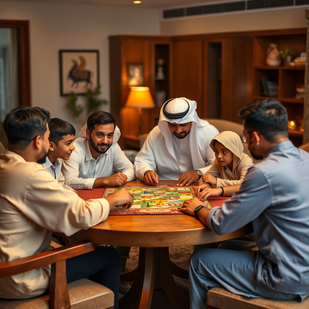 عائلة إماراتية تجلس حول طاولة تلعب ألعاب الطاولة في غرفة معيشة دافئة مع إضاءة مريحة