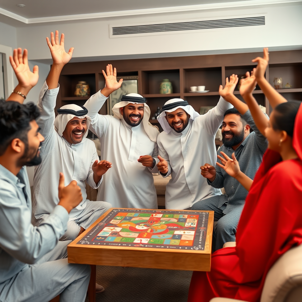 عائلة إماراتية تحتفل بحماس بعد انتهاء لعبة طاولة، الجميع يضحك ويرفع أيديهم في الهواء، أجواء احتفالية ومرحة في غرفة المعيشة