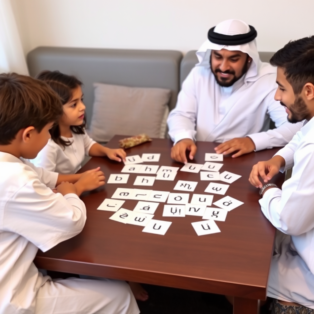 عائلة إماراتية تلعب ألعاب تطوير اللغة، مع بطاقات الكلمات والحروف العربية والإنجليزية منتشرة على الطاولة