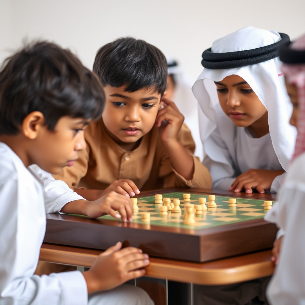 مجموعة من الأطفال الإماراتيين يلعبون ألعاب التفكير الاستراتيجي، مع تعبيرات التركيز والتفكير على وجوههم