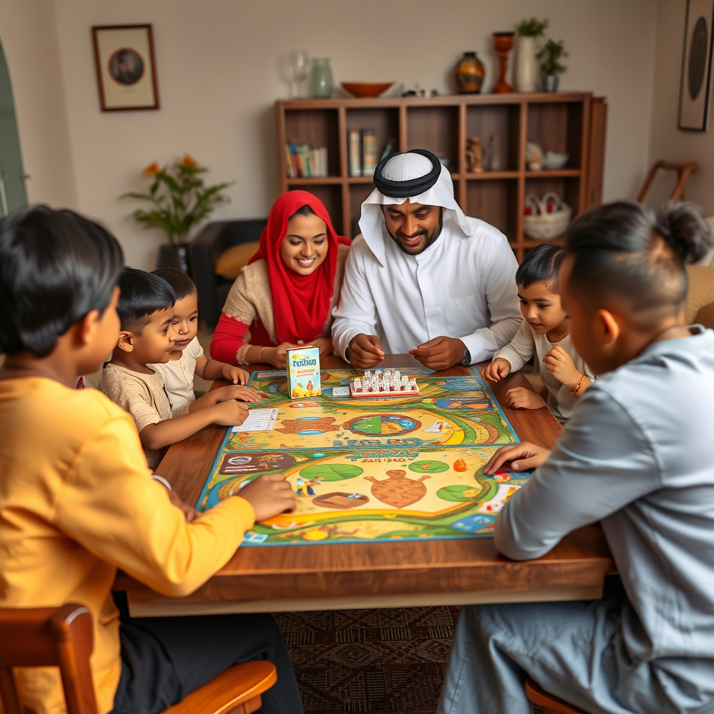 عائلة إماراتية سعيدة تجتمع حول طاولة مليئة بألعاب الطاولة التعليمية، في جو دافئ ومريح في المنزل